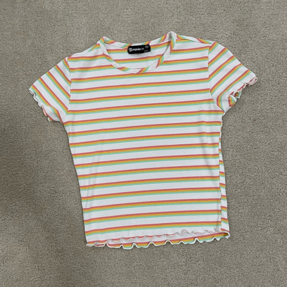 Rainbow striped cropped ribbed t-shirt